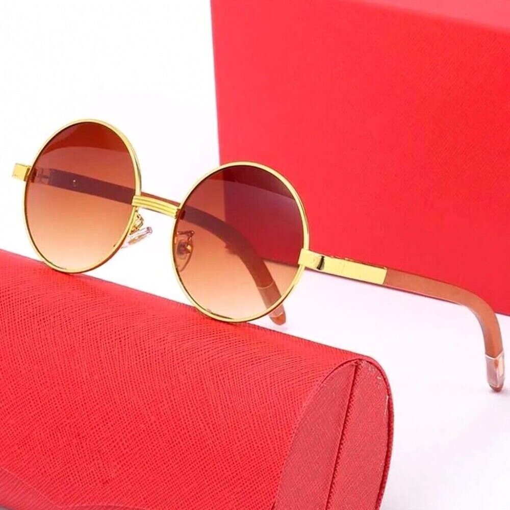 Large Vintage Mens Round Brown Tint 90's Gold Frame Circle Wood Sunglasses